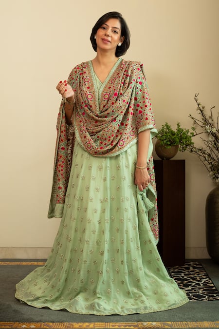 Buy_House Of Inari_Green Silk, Georgette Embroidery V-neck Parsi Gara Buti Lehenga Set _Online_at_Aza_Fashions