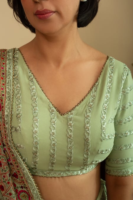 Shop_House Of Inari_Green Silk, Georgette Embroidery V-neck Parsi Gara Buti Lehenga Set _Online_at_Aza_Fashions