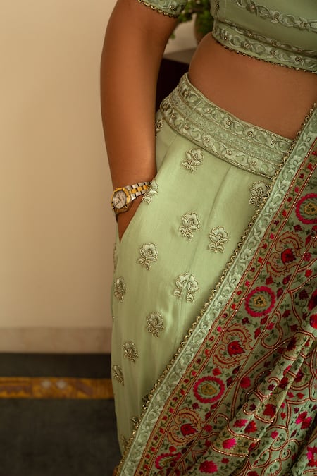 House Of Inari_Green Silk, Georgette Embroidery V-neck Parsi Gara Buti Lehenga Set _at_Aza_Fashions