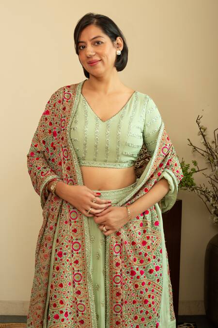 Buy_House Of Inari_Green Silk, Georgette Embroidery V-neck Parsi Gara Buti Lehenga Set 