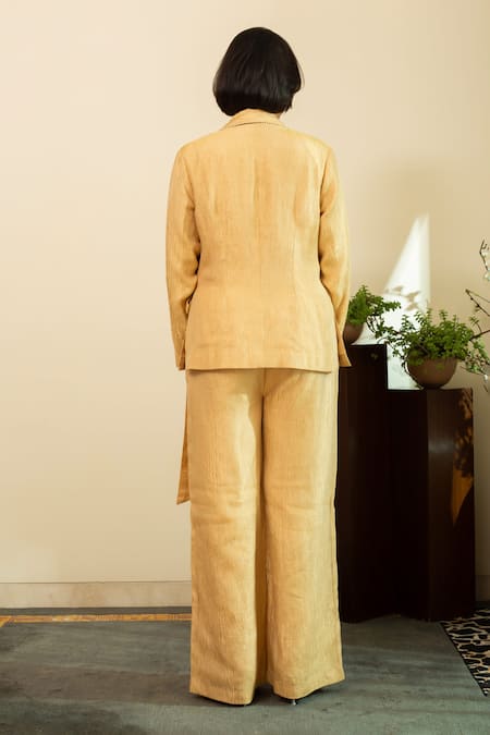 House Of Inari Gold Parsi Gara Embroidered Wrap Blazer & Pant 
