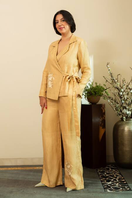 House Of Inari_Gold Silk Embroidery Parsi Gara Wrap Blazer And Pant _Online_at_Aza_Fashions
