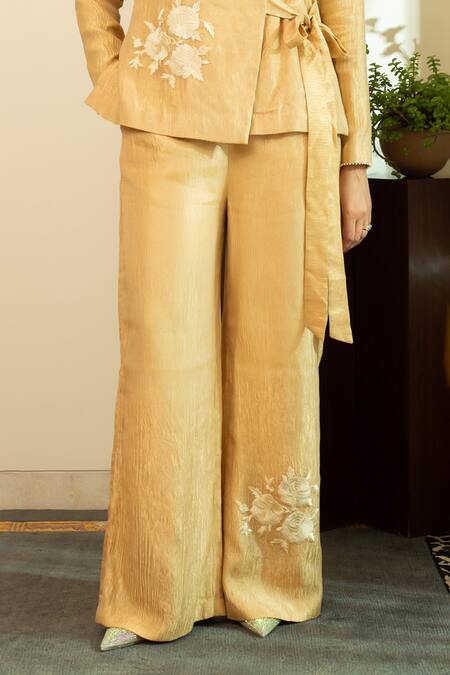 Buy_House Of Inari_Gold Silk Embroidery Parsi Gara Wrap Blazer And Pant _Online_at_Aza_Fashions