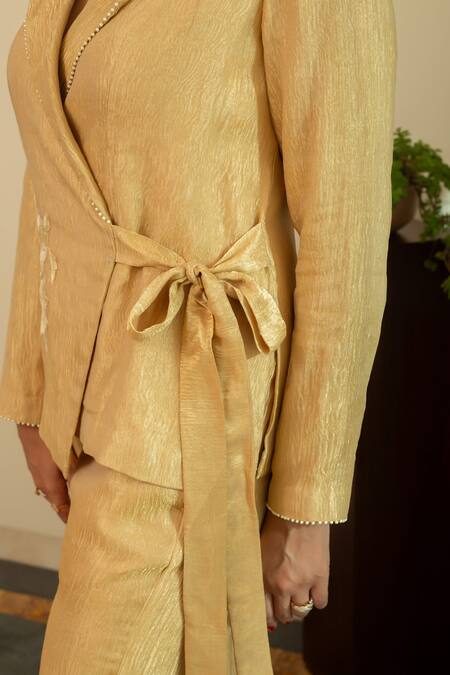 House Of Inari_Gold Silk Embroidery Parsi Gara Wrap Blazer And Pant _at_Aza_Fashions