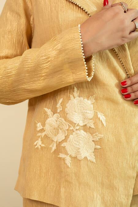 Shop_House Of Inari_Gold Silk Embroidery Parsi Gara Wrap Blazer And Pant 