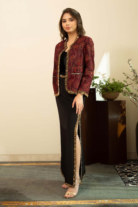House Of Inari_Red Silk, Crepe Sequins, Beads Open Neck Jamawar Embroidered Jacket And Skirt Set _Online_at_Aza_Fashions