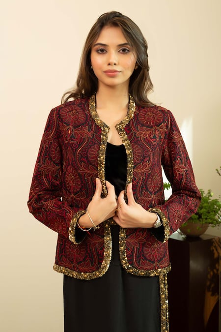 Buy_House Of Inari_Red Silk, Crepe Sequins, Beads Open Neck Jamawar Embroidered Jacket And Skirt Set _Online_at_Aza_Fashions