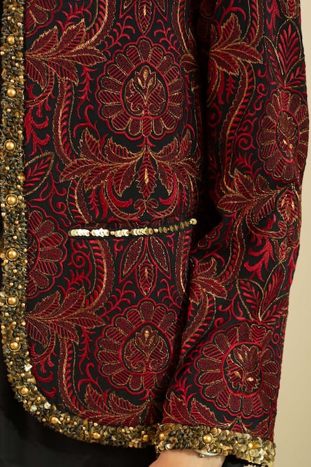 House Of Inari_Red Silk, Crepe Sequins, Beads Open Neck Jamawar Embroidered Jacket And Skirt Set _at_Aza_Fashions