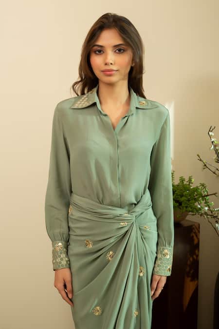 House Of Inari_Green Silk Embroidery Collared Bee Shirt And Draped Skirt Set _Online_at_Aza_Fashions