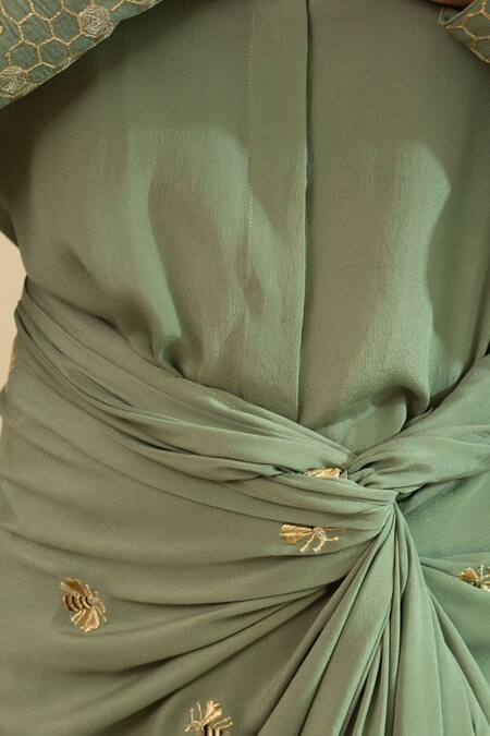Shop_House Of Inari_Green Silk Embroidery Collared Bee Shirt And Draped Skirt Set _Online_at_Aza_Fashions