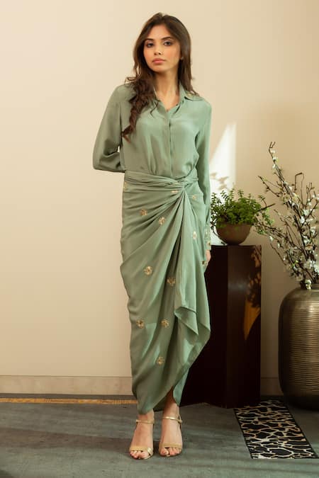 House Of Inari_Green Silk Embroidery Collared Bee Shirt And Draped Skirt Set _at_Aza_Fashions