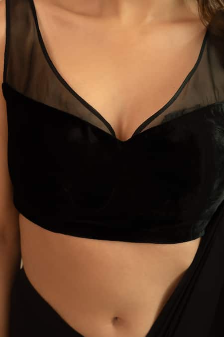 House Of Inari_Black Georgette V-neck Pre-draped Ruffle Saree Set _Online_at_Aza_Fashions