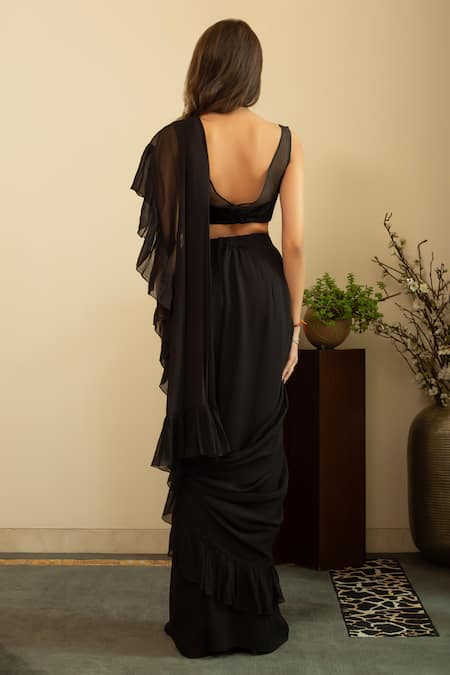 House Of Inari Black Pre-Draped Ruffle Saree Set 