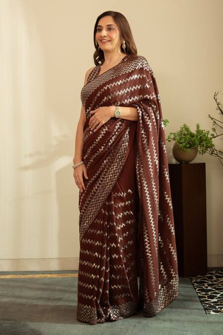 House Of Inari Brown Silk, Georgette Wave Embroidered Saree With Unstitched Blouse Fabric Online at Aza Fashions House Of Inari_Brown Silk, Georgette Wave Embroidered Saree With Unstitched Blouse Fabric _Online_at_Aza_Fashions