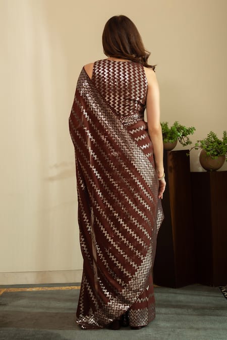 House Of Inari Sequin Wave Embroidered Saree With Unstitched Blouse Fabric 