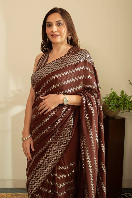 Buy House Of Inari Brown Silk, Georgette Wave Embroidered Saree With Unstitched Blouse Fabric Online at Aza Fashions Buy_House Of Inari_Brown Silk, Georgette Wave Embroidered Saree With Unstitched Blouse Fabric _Online_at_Aza_Fashions