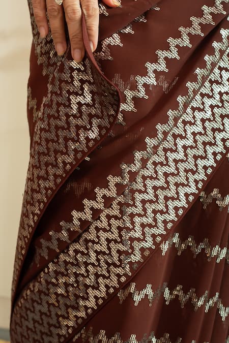 Shop House Of Inari Brown Silk, Georgette Wave Embroidered Saree With Unstitched Blouse Fabric Online at Aza Fashions Shop_House Of Inari_Brown Silk, Georgette Wave Embroidered Saree With Unstitched Blouse Fabric _Online_at_Aza_Fashions