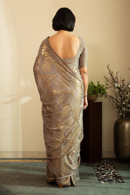 House Of Inari Sequin Rose Embroidered Grey Saree 