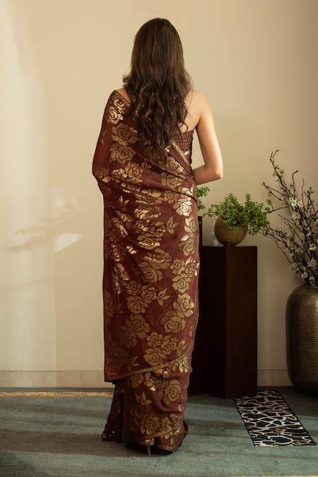 House Of Inari Sequin Rose Embroidered Brown Saree 