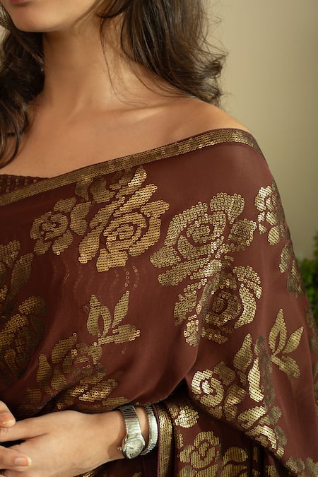 House Of Inari_Brown Silk, Georgette Sequins Rose Embroidered Saree _Online_at_Aza_Fashions