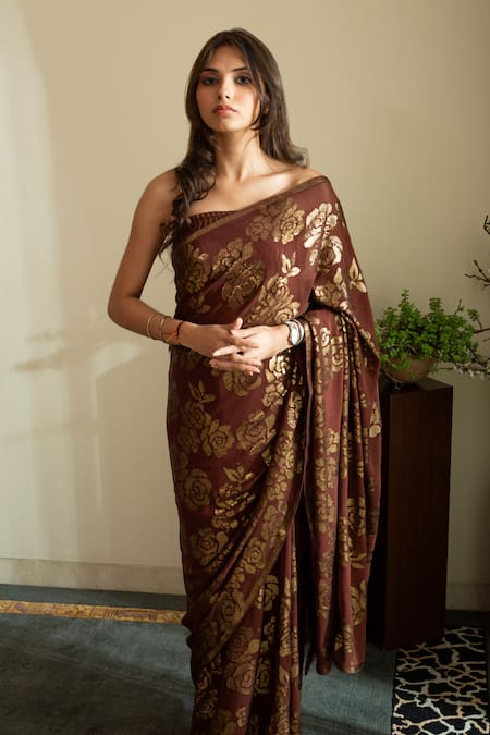 Buy_House Of Inari_Brown Silk, Georgette Sequins Rose Embroidered Saree _Online_at_Aza_Fashions