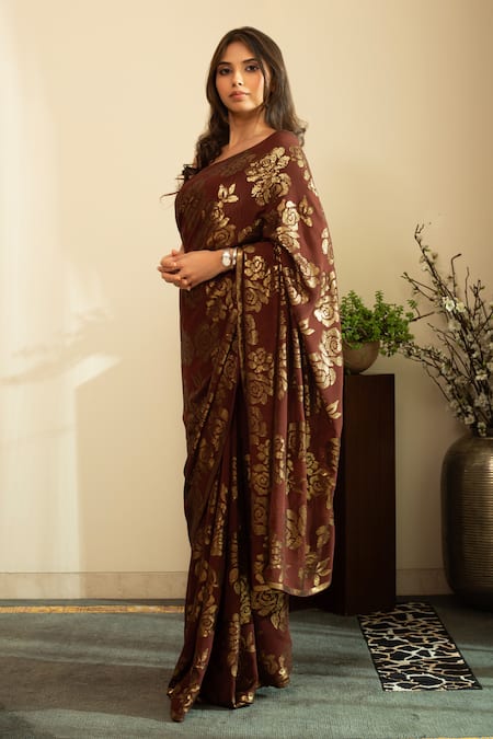 Shop_House Of Inari_Brown Silk, Georgette Sequins Rose Embroidered Saree _Online_at_Aza_Fashions