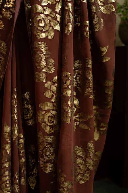 House Of Inari_Brown Silk, Georgette Sequins Rose Embroidered Saree _at_Aza_Fashions