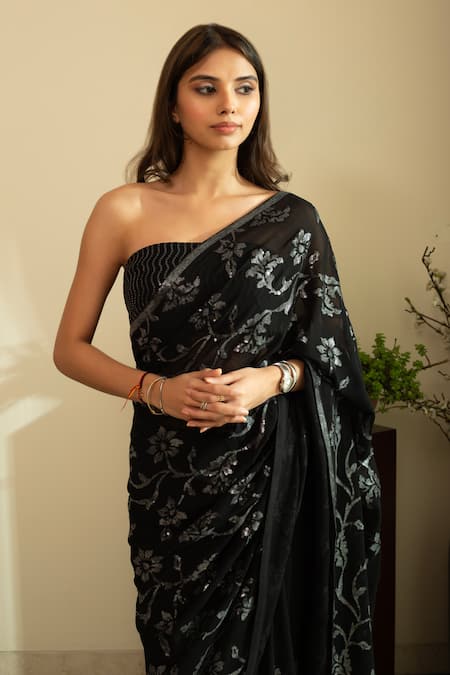 House Of Inari_Black Silk, Georgette Sequins Embroidered Saree With Blouse Piece _Online_at_Aza_Fashions