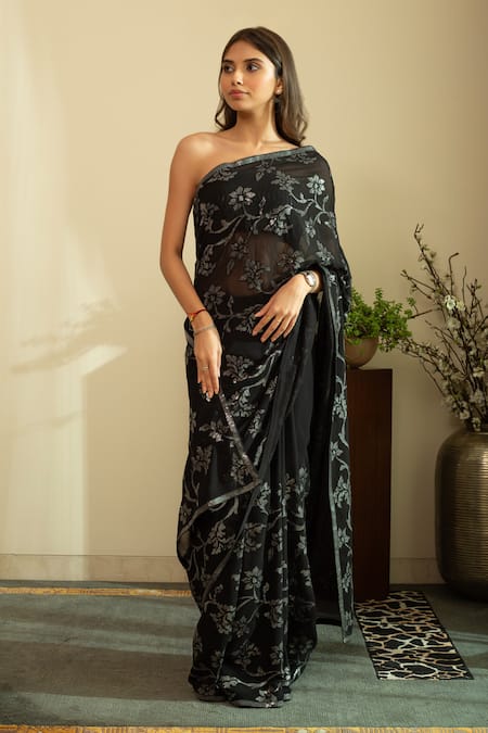 Buy_House Of Inari_Black Silk, Georgette Sequins Embroidered Saree With Blouse Piece _Online_at_Aza_Fashions