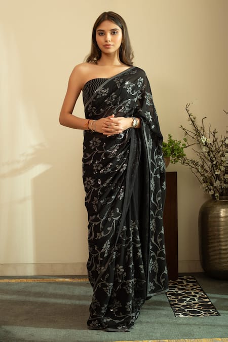 Shop_House Of Inari_Black Silk, Georgette Sequins Embroidered Saree With Blouse Piece _Online_at_Aza_Fashions