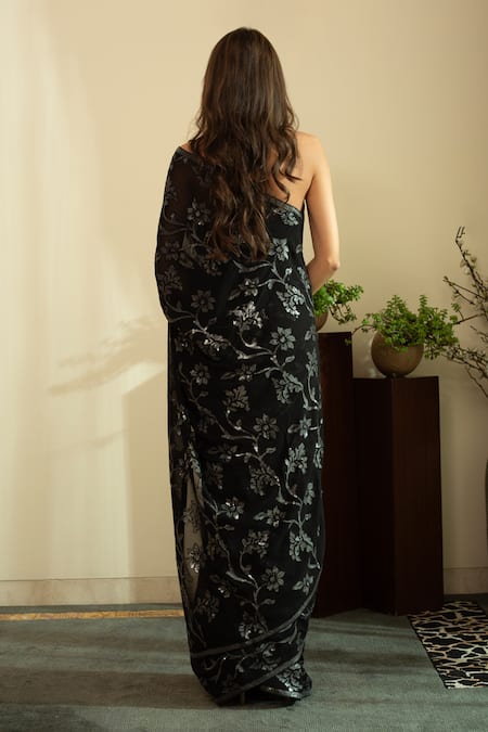 House Of Inari Sequin Embroidered Black Saree With Blouse Piece 