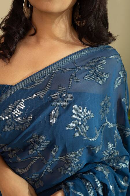 House Of Inari Blue Silk, Georgette Blossom Embroidered Saree With Unstitched Blouse Piece Online at Aza Fashions House Of Inari_Blue Silk, Georgette Blossom Embroidered Saree With Unstitched Blouse Piece _Online_at_Aza_Fashions