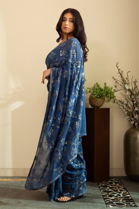 Buy House Of Inari Blue Silk, Georgette Blossom Embroidered Saree With Unstitched Blouse Piece Online at Aza Fashions Buy_House Of Inari_Blue Silk, Georgette Blossom Embroidered Saree With Unstitched Blouse Piece _Online_at_Aza_Fashions