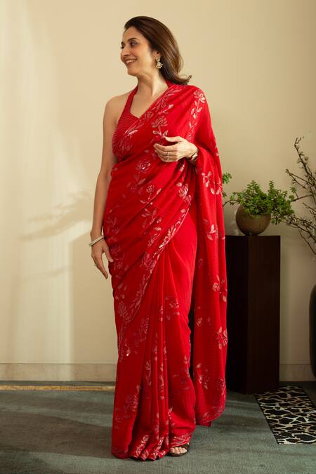 House Of Inari_Red Silk, Georgette Sequins Bahar Embroidered Saree With Unstitched Blouse Piece _Online_at_Aza_Fashions