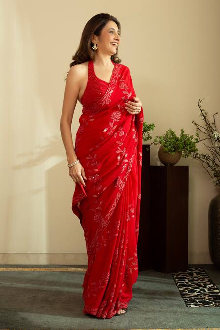 Buy_House Of Inari_Red Silk, Georgette Sequins Bahar Embroidered Saree With Unstitched Blouse Piece _Online_at_Aza_Fashions