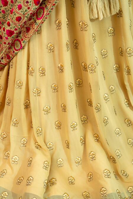 Shop_House Of Inari_Gold Silk, Georgette Cut Work, Embroidery Parsi Gara Dupatta _Online_at_Aza_Fashions