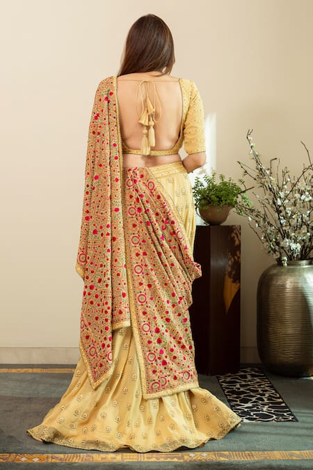 House Of Inari Gold Parsi Gara Embroidered Dupatta 