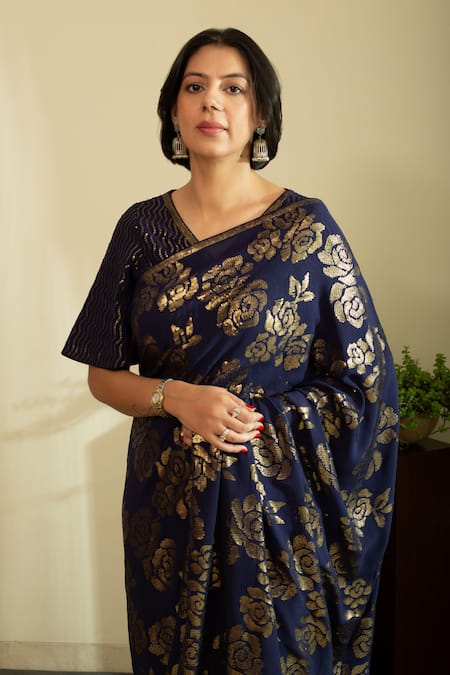 House Of Inari_Blue Silk, Georgette Sequins, Fleur Saree With Unstitched Blouse Piece _Online_at_Aza_Fashions