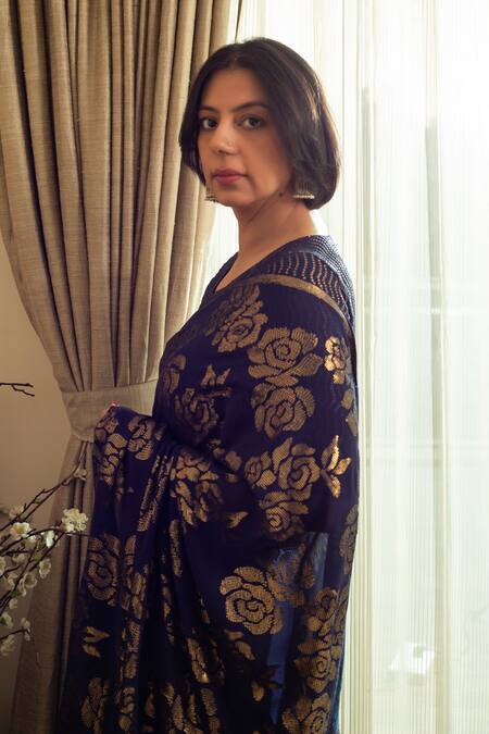 Buy_House Of Inari_Blue Silk, Georgette Sequins, Fleur Saree With Unstitched Blouse Piece _Online_at_Aza_Fashions