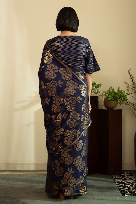 House Of Inari Sequin Fleur Embroidered Saree With Unstitched Blouse Piece 