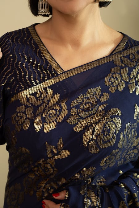 Shop_House Of Inari_Blue Silk, Georgette Sequins, Fleur Saree With Unstitched Blouse Piece _Online_at_Aza_Fashions