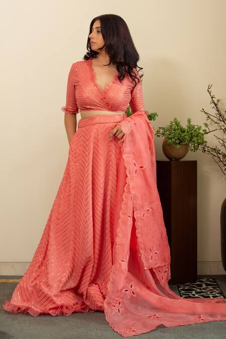 House Of Inari_Pink Silk, Georgette, Organza Sequins, Embroidery V-neck Wave Lehenga Set _Online_at_Aza_Fashions