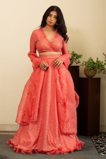 Buy_House Of Inari_Pink Silk, Georgette, Organza Sequins, Embroidery V-neck Wave Lehenga Set _Online_at_Aza_Fashions