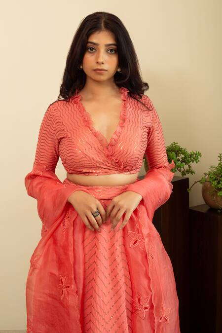 Shop_House Of Inari_Pink Silk, Georgette, Organza Sequins, Embroidery V-neck Wave Lehenga Set _Online_at_Aza_Fashions