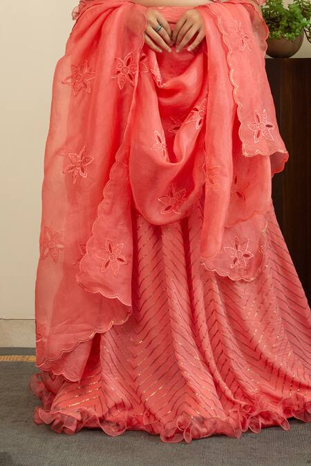 Buy_House Of Inari_Pink Silk, Georgette, Organza Sequins, Embroidery V-neck Wave Lehenga Set 