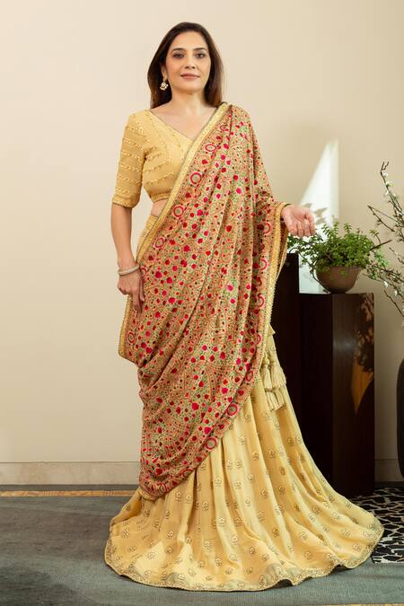 House Of Inari_Beige Silk, Georgette Embroidery, Tassels V-neck Lehenga Set With Dupatta _Online_at_Aza_Fashions