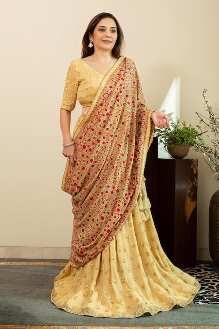 House Of Inari_Beige Silk, Georgette Embroidery, Tassels V-neck Lehenga Set With Dupatta _at_Aza_Fashions