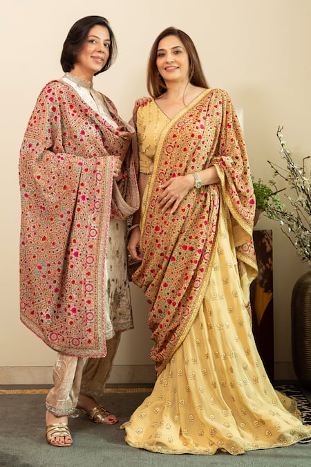 Shop_House Of Inari_Beige Silk, Georgette Embroidery, Tassels V-neck Lehenga Set With Dupatta 
