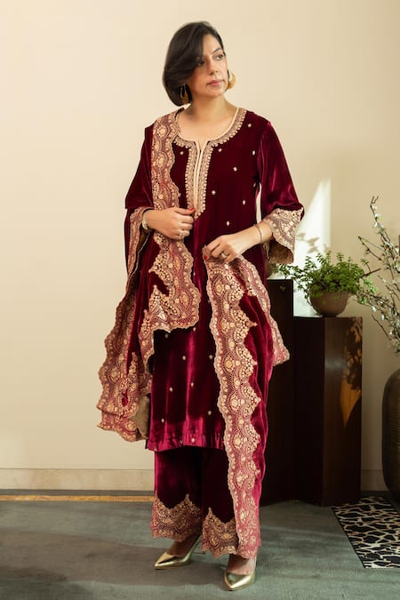 House Of Inari_Wine Silk, Velvet Lace Round Neck Embroidered Kurta Palazzo Set _Online_at_Aza_Fashions