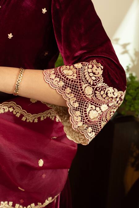 Shop_House Of Inari_Wine Silk, Velvet Lace Round Neck Embroidered Kurta Palazzo Set _Online_at_Aza_Fashions